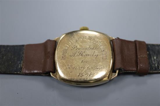 A gentlemans 1940s 9ct gold Tudor manual wind wrist watch, with case back inscription, on leather strap, gross 23.9 grams,